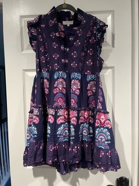 Caroline Constas Navy Mini Dress with Pink & Teal Medallions